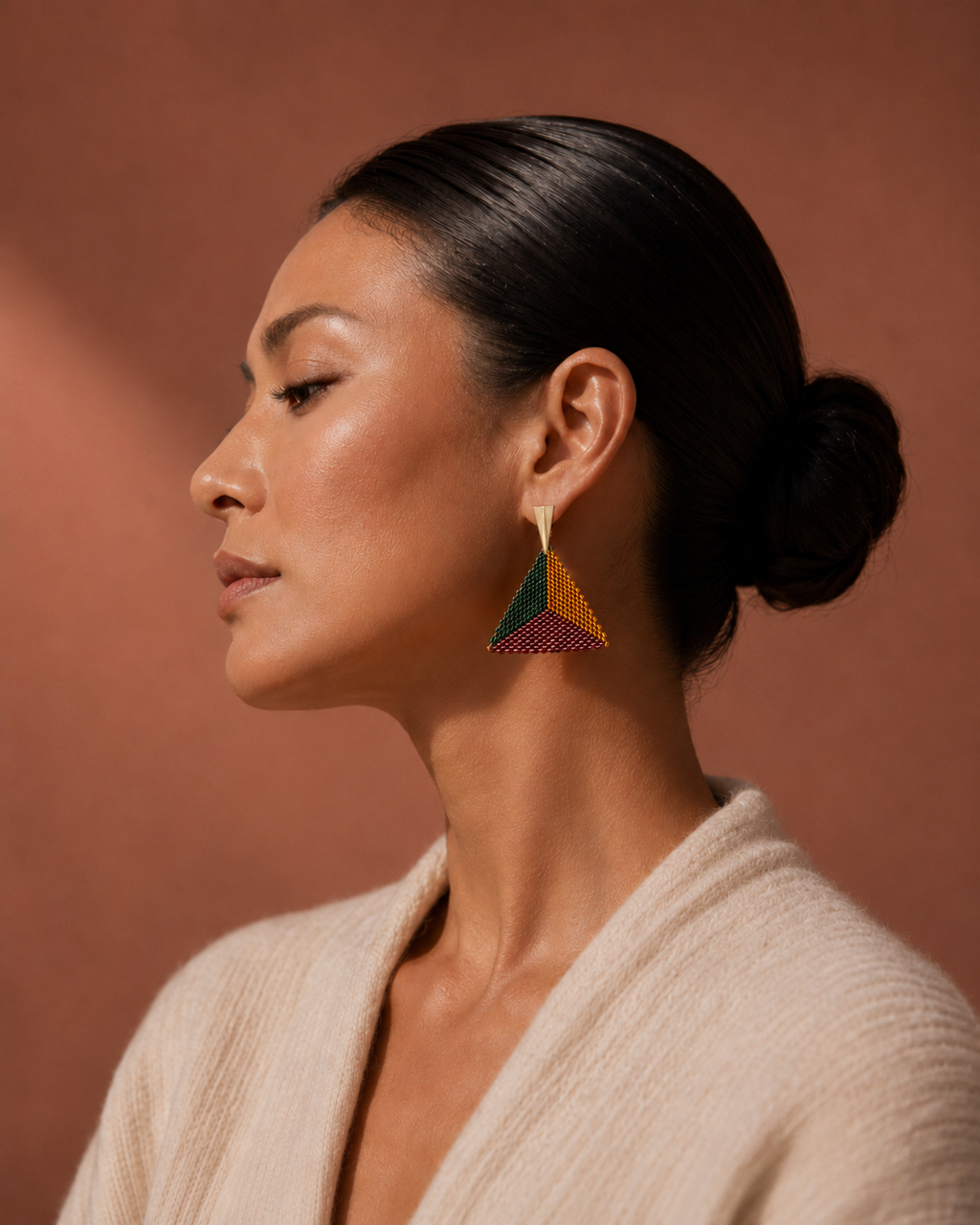 Multicolor Geometric Triangle Earrings (Green, Gold & Burgundy)