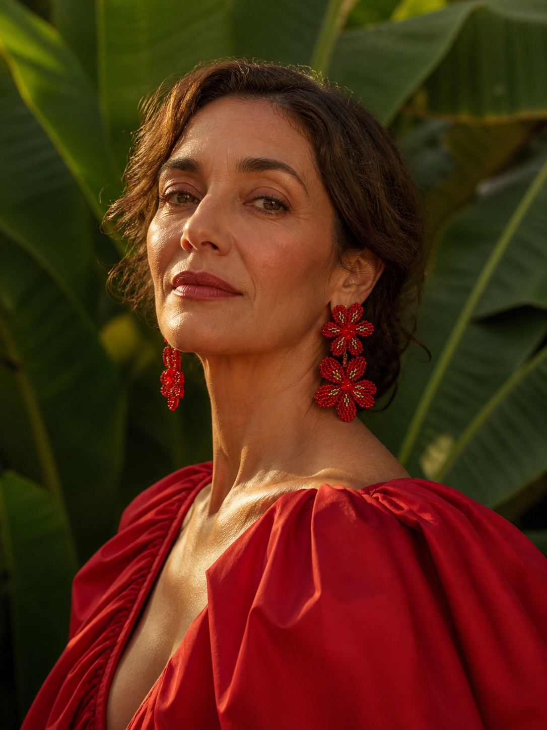 Red Beaded Floral Drop Earrings