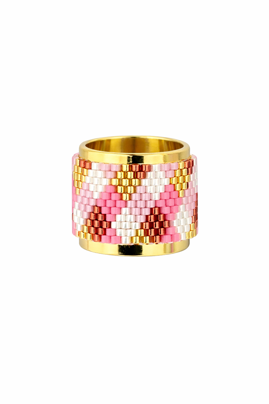 Pink Checkered Motif Beaded Statement Ring