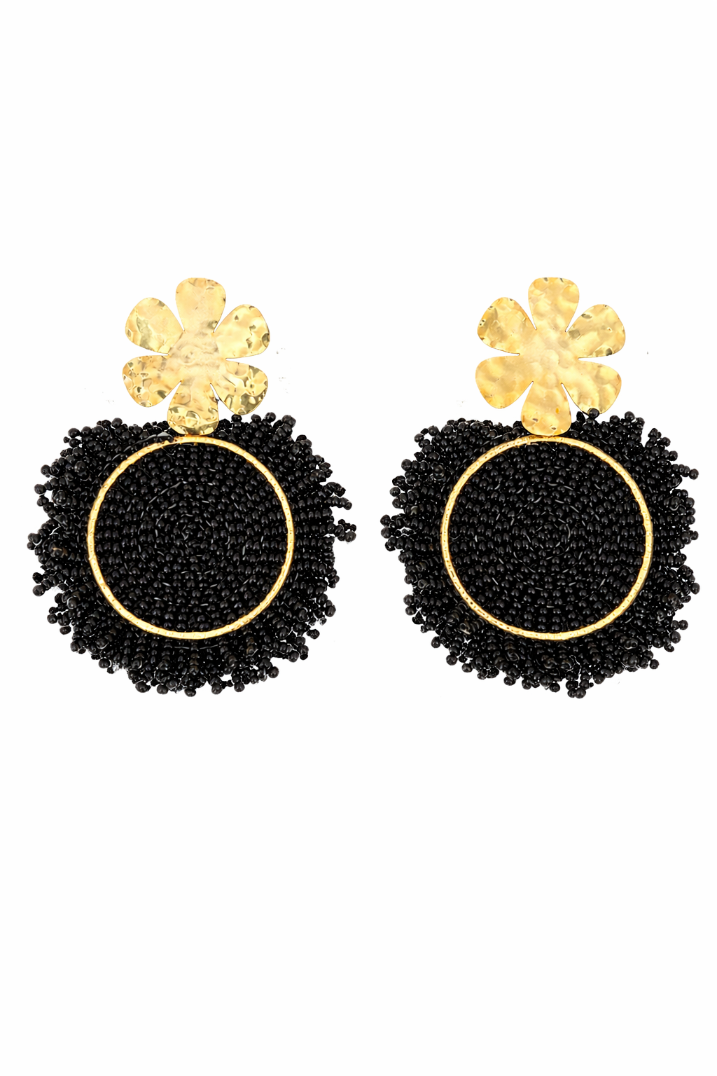 Gold Flower & Black Beaded Circle Earrings
