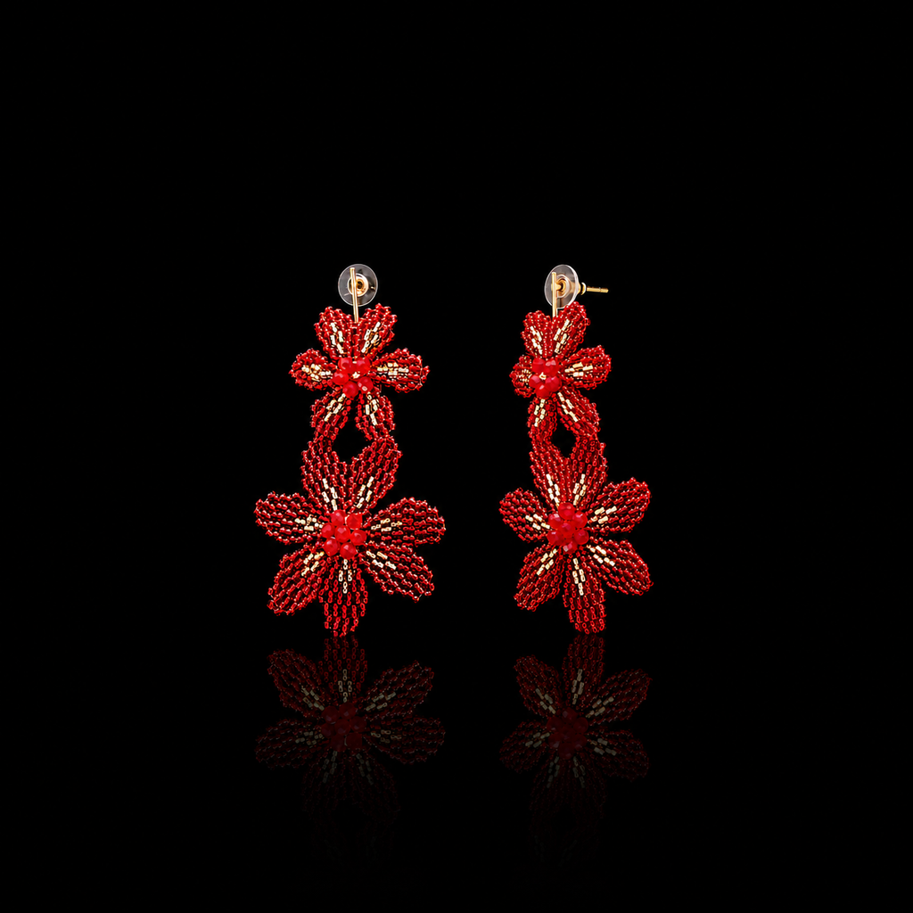 Red Beaded Floral Drop Earrings