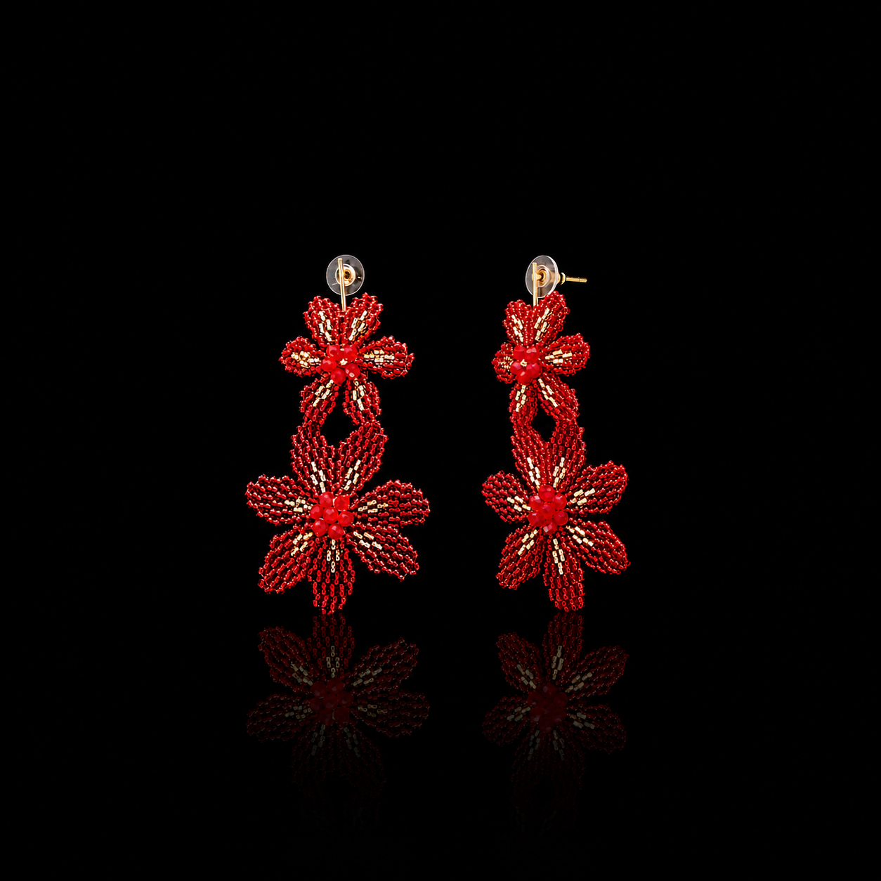 Red Beaded Floral Drop Earrings
