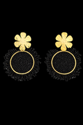 Gold Flower & Black Beaded Circle Earrings