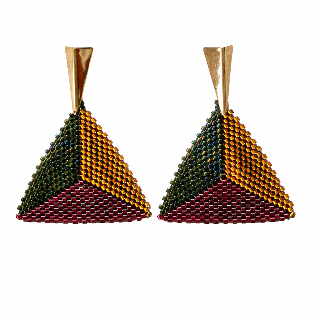 Multicolor Geometric Triangle Earrings (Green, Gold & Burgundy)