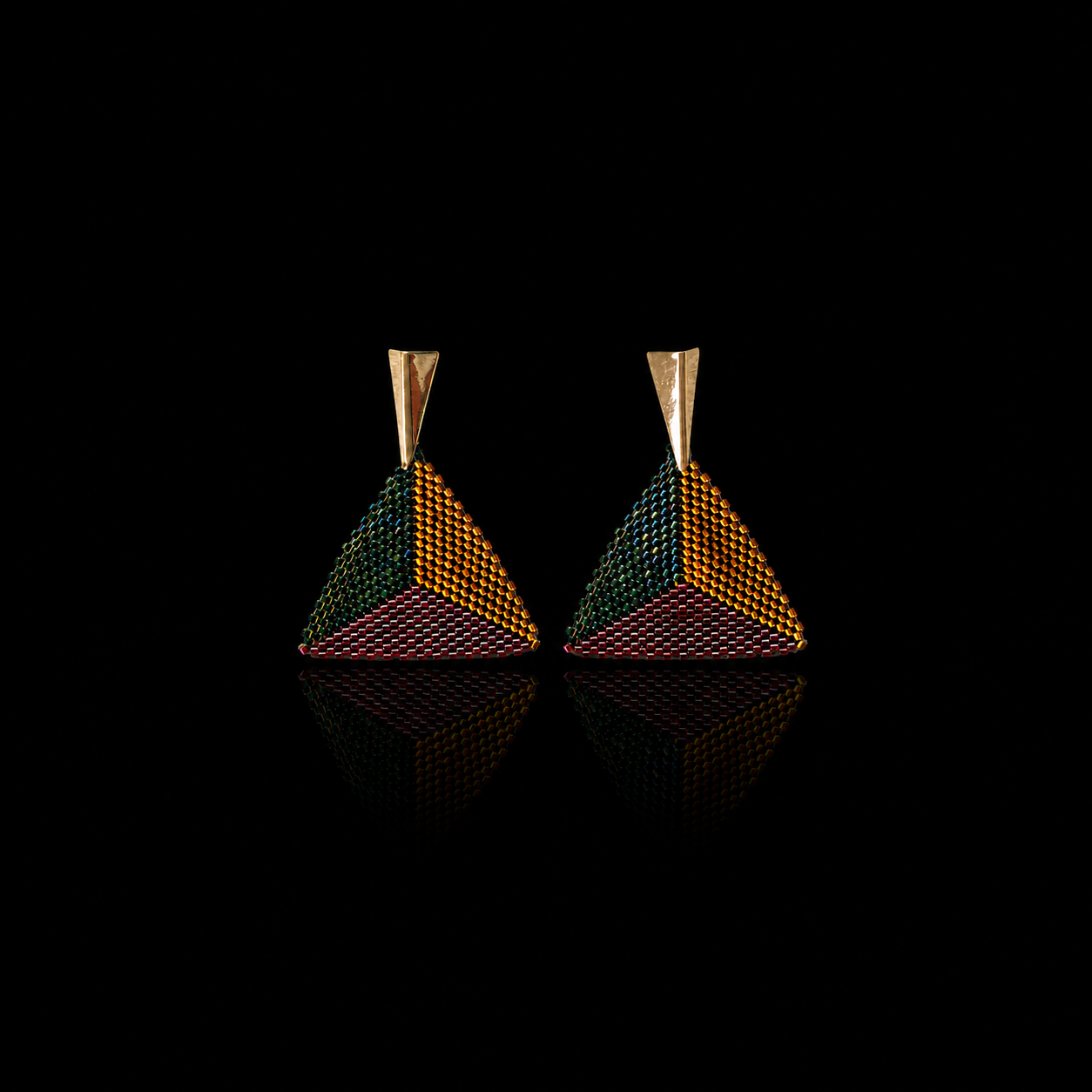 Multicolor Geometric Triangle Earrings (Green, Gold & Burgundy)
