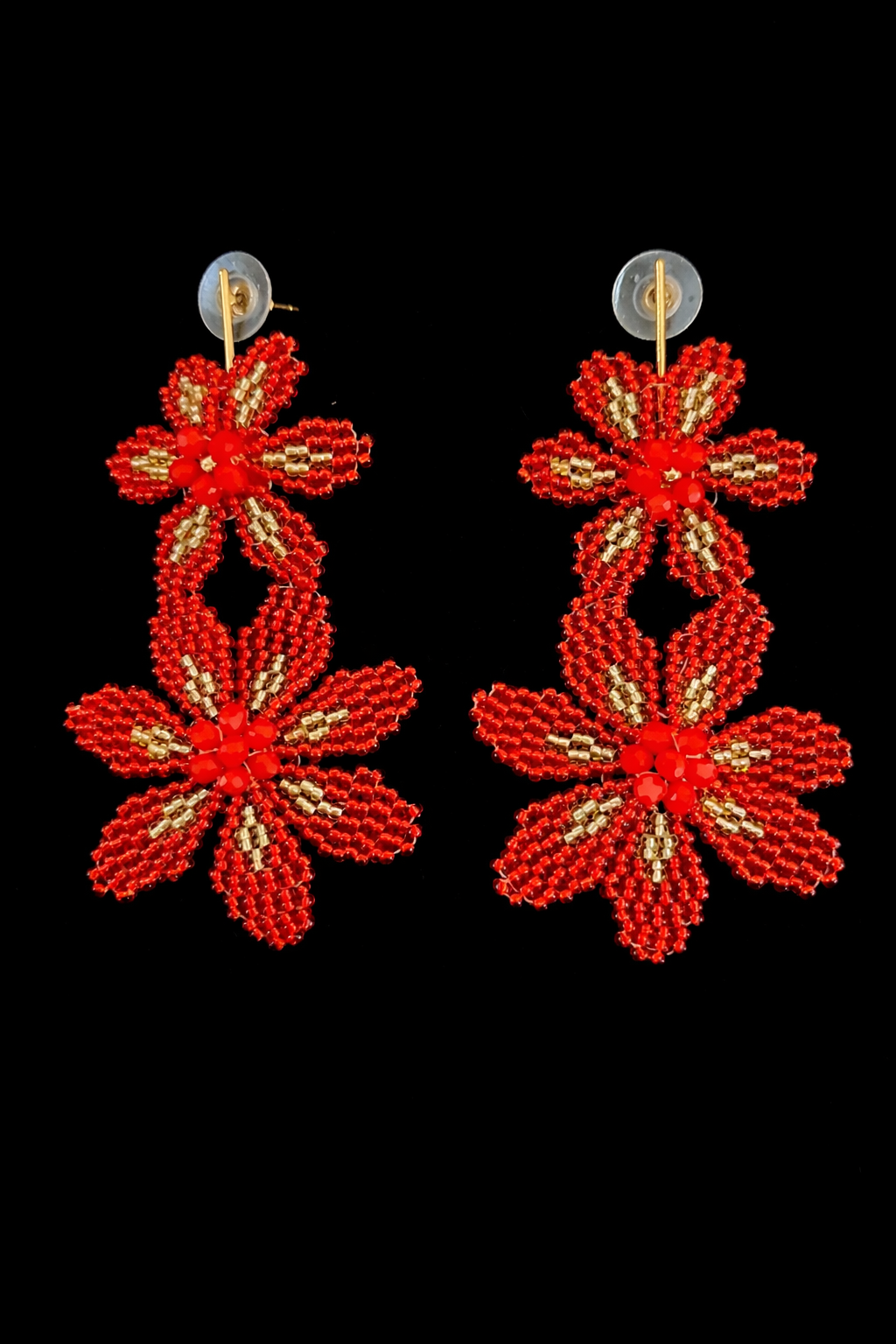 Red Beaded Floral Drop Earrings