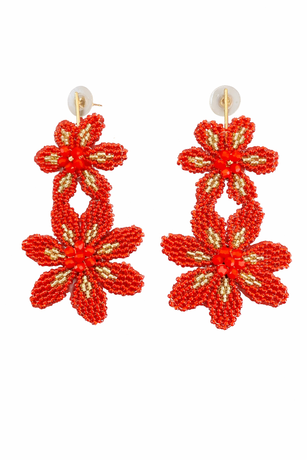 Red Beaded Floral Drop Earrings