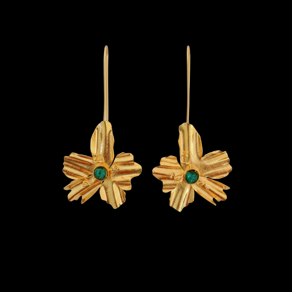 Gold Floral Drop Earrings with Green Stone