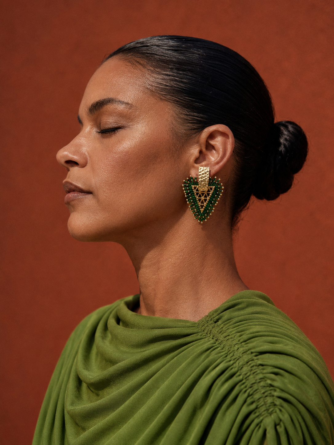 Emerald Green and Gold Triangle Earrings
