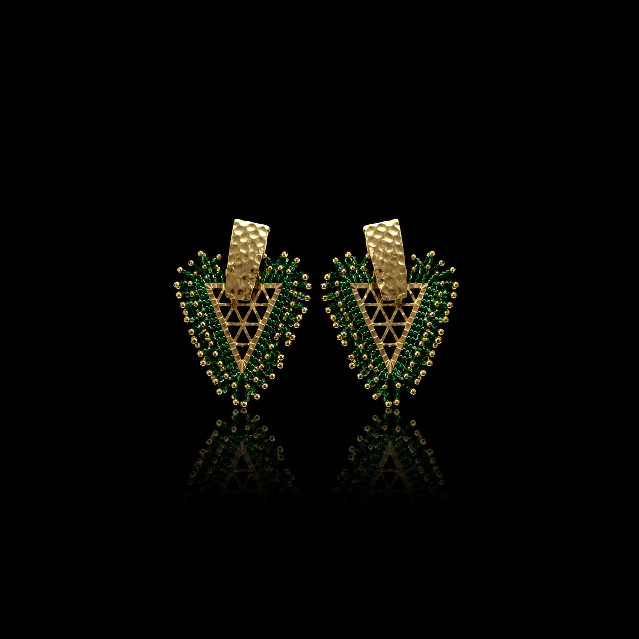 Emerald Green and Gold Triangle Earrings