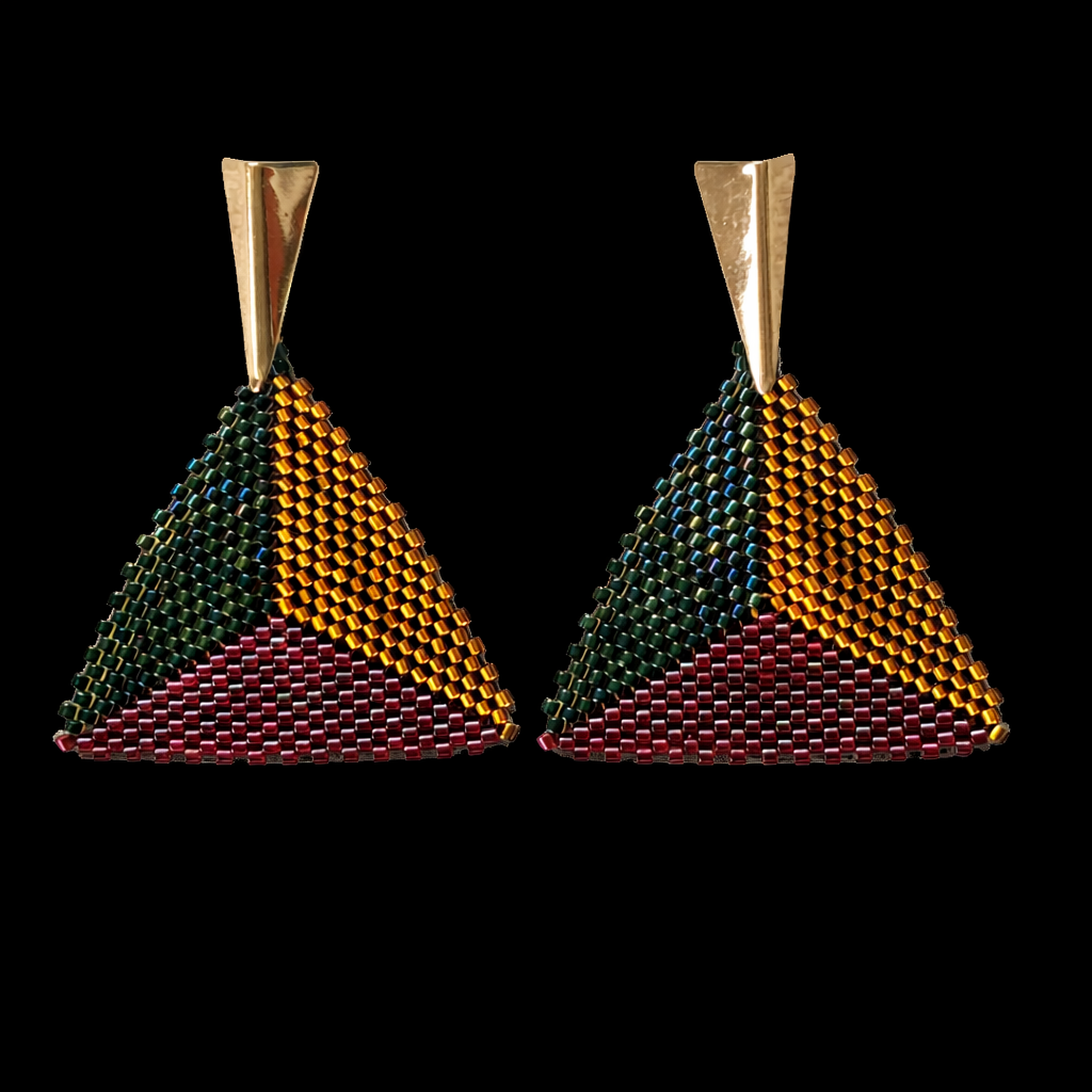 Multicolor Geometric Triangle Earrings (Green, Gold & Burgundy)