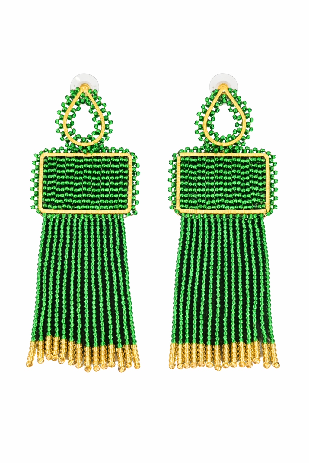 Green Beaded Fringe Drop Earrings