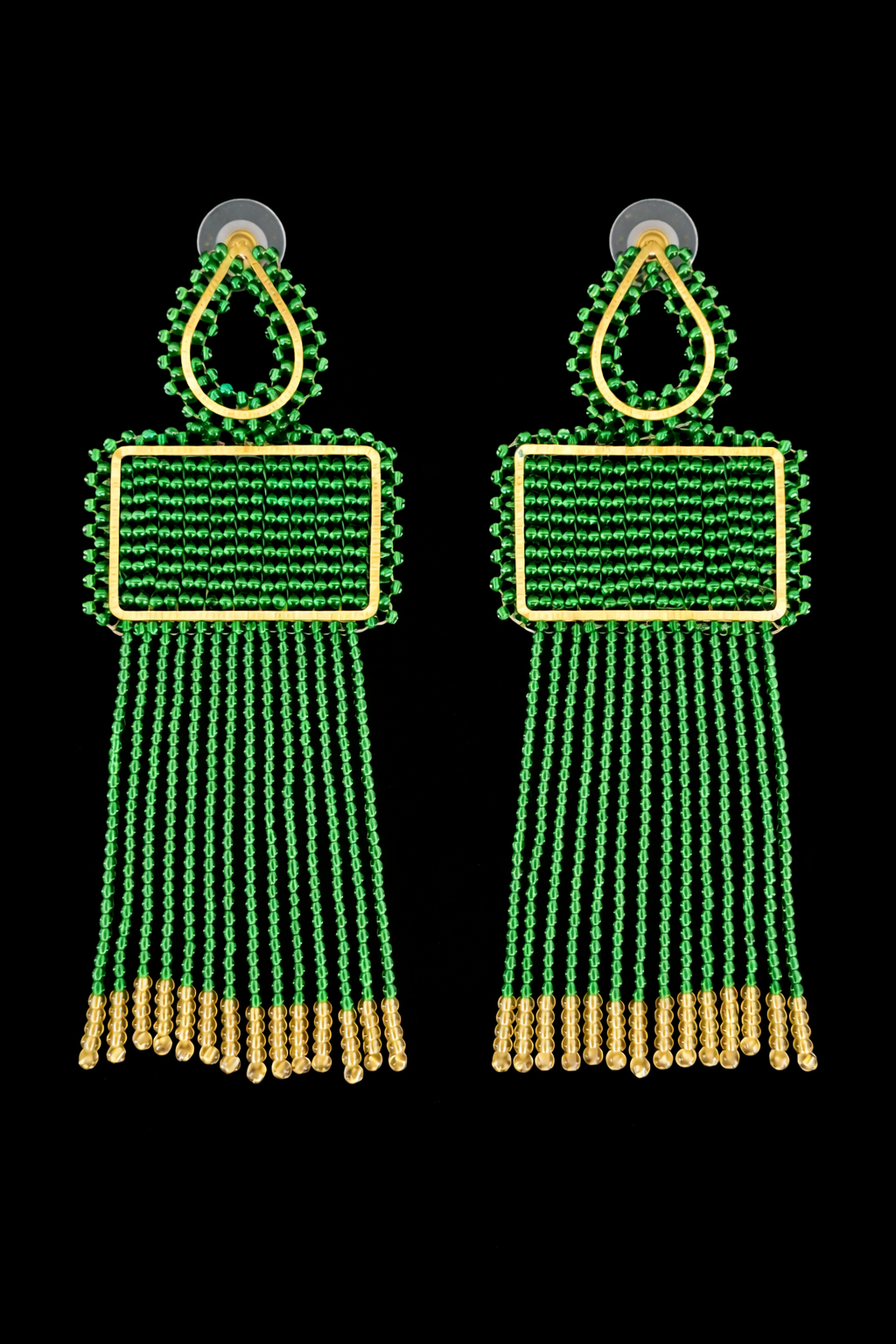 Green Beaded Fringe Drop Earrings