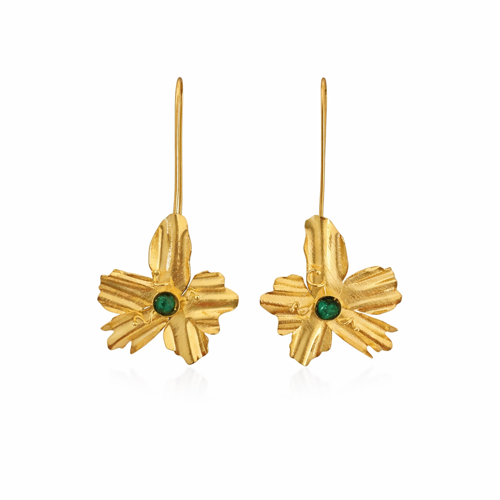 Gold Floral Drop Earrings with Green Stone